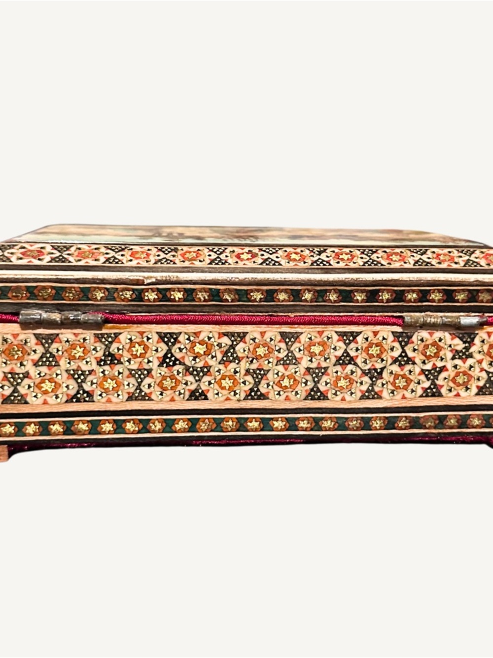 Antique Hand Painted Khatam Kari Persian Wood Micro Mosaic Inlay Hinged Box - Picture 6 of 10